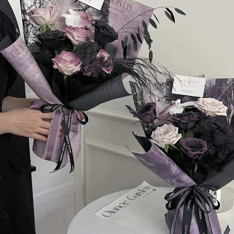 Meteor Shower Marble Pattern Black Plum Sauce Oil Painting Flower Packaging Paper Purple Bouquet Packaging Materials Floral Materials